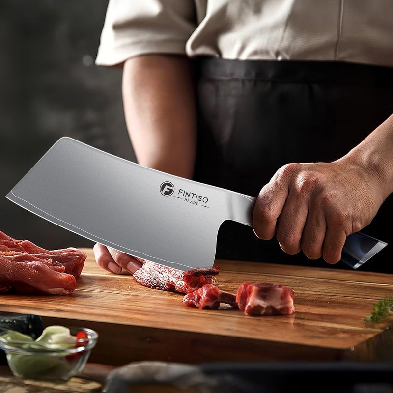 FINTISO Cleaver Knife 7 In, Kitchen Butcher Knife with G10 Ergonomic Handle, High Carbon Steel Vegetable Meat Cleaver, Heavy Duty Bone Chopper for Home and Restaurant - Image 2